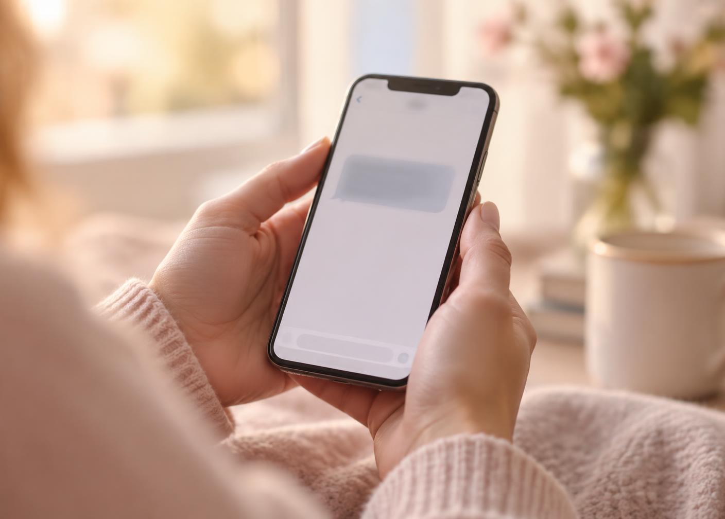 A woman's hands holding a phone showing a soft, blurred message bubble