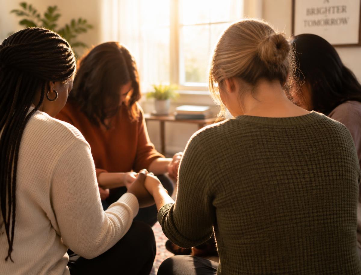 A small group of women praying together in a sunlit room